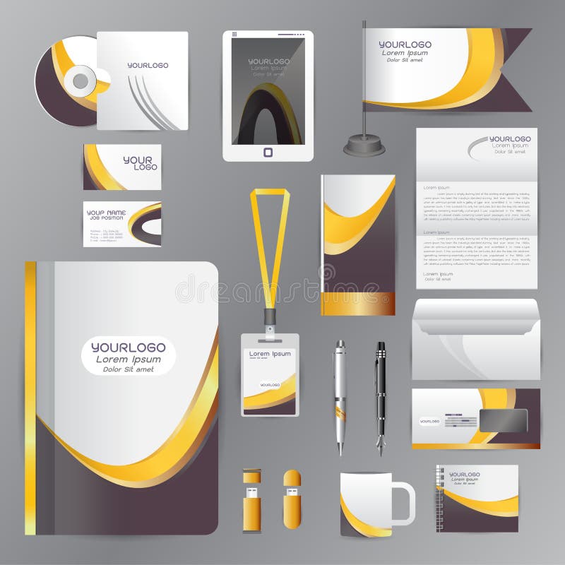 Modelo de identidade visual branco com elementos de origami amarelo e preto. Estilo vetorial para empresa para diretrizes de manua ilustração stock