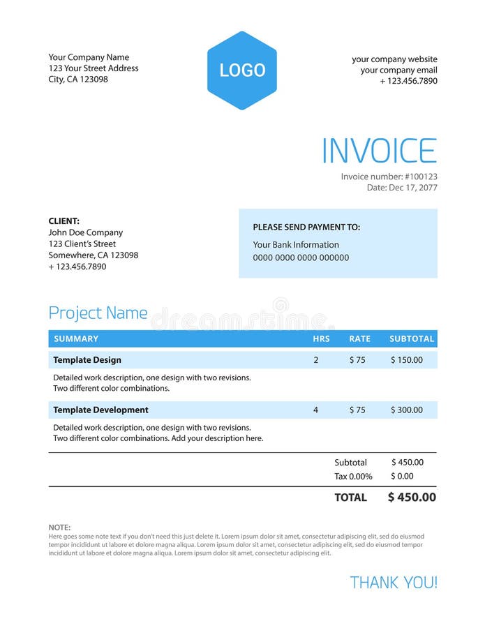 Invoice template - blue color minimalist clean and clear design. Invoice template - blue color minimalist clean and clear design
