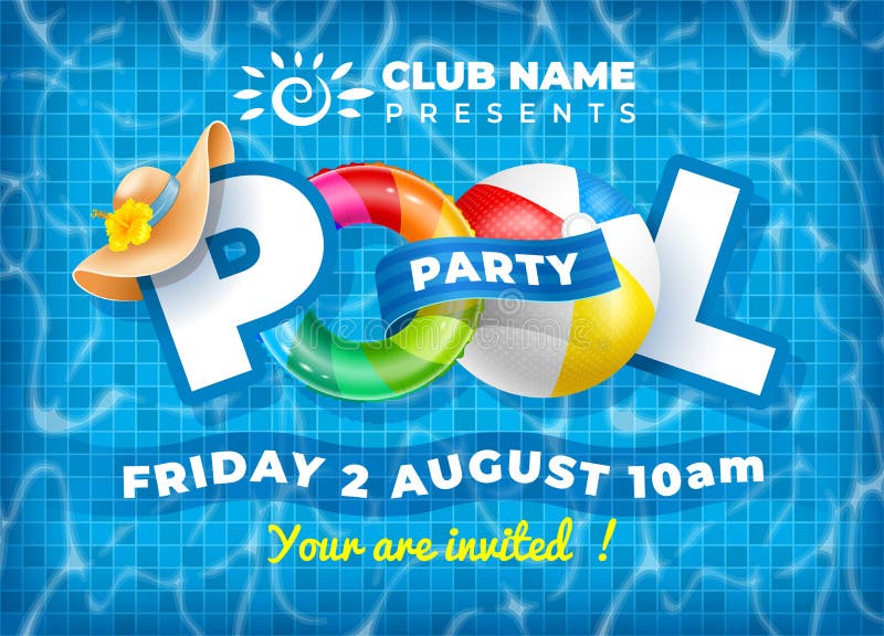 Vector bright and fun advertising poster template for pool party. Colorful swimming ring, beach ball and letters float on crystal clean water with sunny highlights. Pool tile texture on background. Vector bright and fun advertising poster template for pool party. Colorful swimming ring, beach ball and letters float on crystal clean water with sunny highlights. Pool tile texture on background