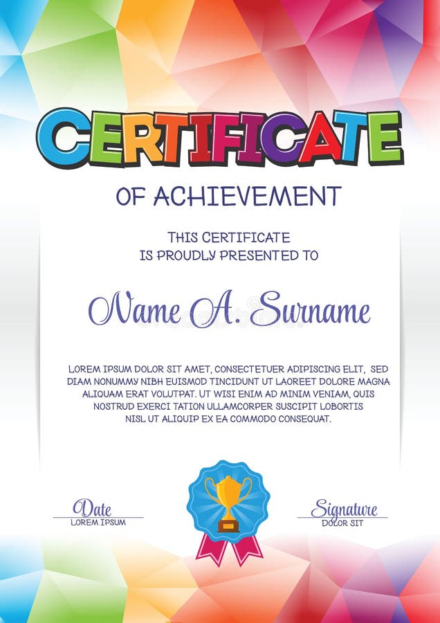 Modelo de certificado com moldura colorida para crianças ilustração do vetor