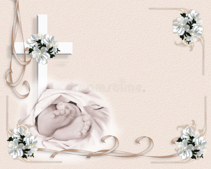 Image and illustration composition for baby baptism or christening invitation template border with baby feet, cross, ribbons and flowers, copy space. Image and illustration composition for baby baptism or christening invitation template border with baby feet, cross, ribbons and flowers, copy space