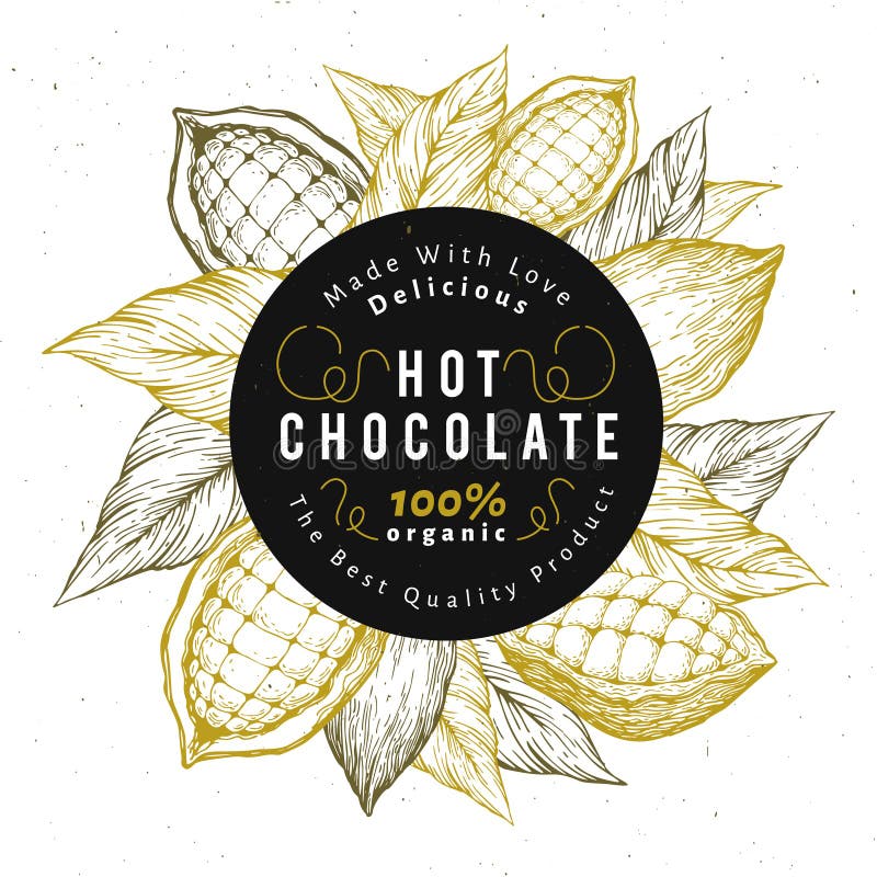 Molde do projeto da árvore de feijão do cacau Logotipo dos feijões de cacau do chocolate Ilustração desenhada mão do vetor Fundo ilustração stock Molde do projeto da árvore de feijão do cacau Logotipo dos feijões de cacau do chocolate Ilustração desenhada mão do vetor Fundo ilustração stock