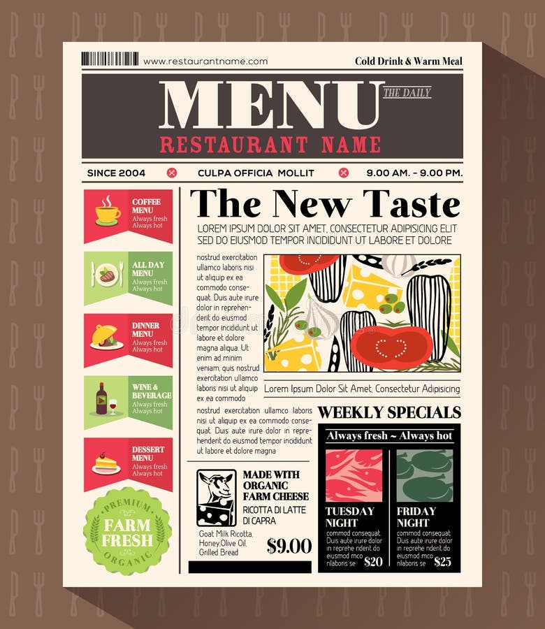 Molde do projeto do menu do restaurante no estilo do jornal