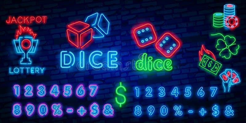 Molde do projeto do vetor do sinal de néon dos dados Corte o logotipo de néon dos símbolos do jogo, tendência colorida do projeto ilustração do vetor Molde do projeto do vetor do sinal de néon dos dados Corte o logotipo de néon dos símbolos do jogo, tendência colorida do projeto ilustração do vetor