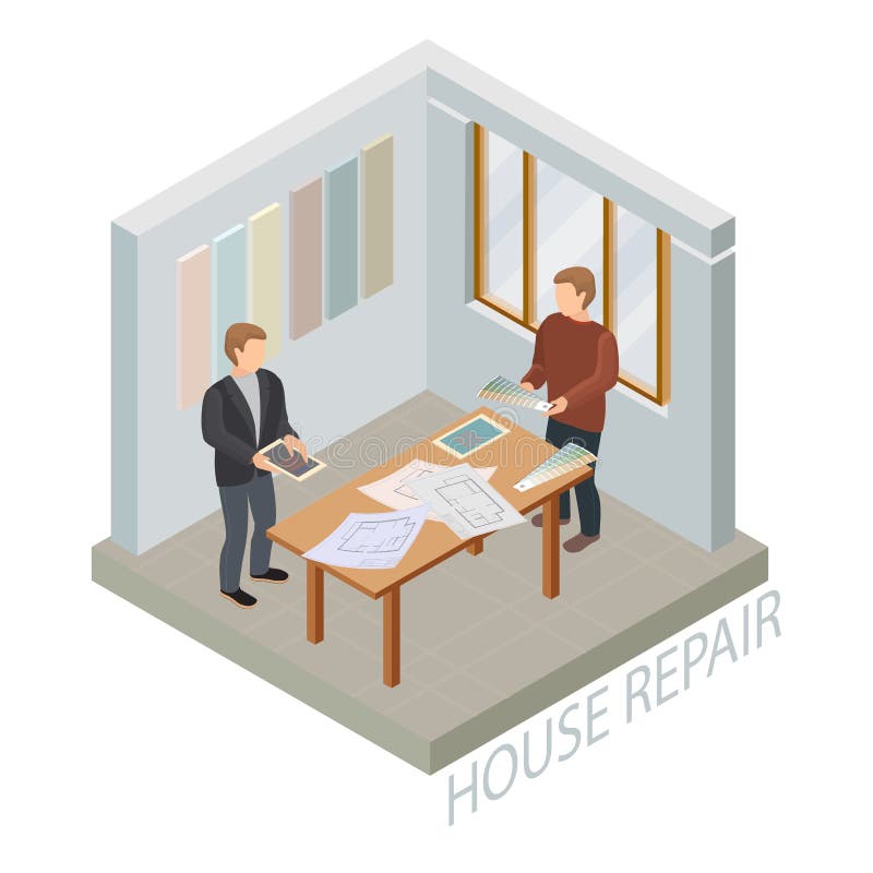 Molde isométrico do reparo home Desenhista e cliente Vetor ilustração do vetor Molde isométrico do reparo home Desenhista e cliente Vetor ilustração do vetor