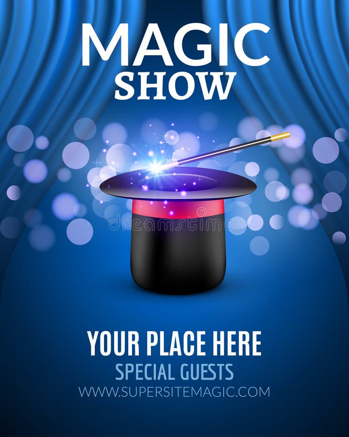 Molde mágico do projeto do cartaz da mostra Projeto mágico do inseto da mostra com chapéu e as cortinas mágicos