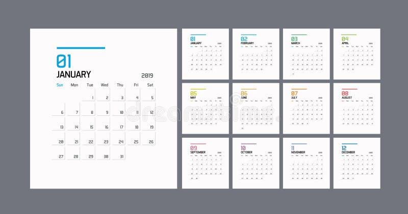 Molde mínimo moderno do planejador do calendário para 2019 Molde editável do projeto do vetor ilustração do vetor Molde mínimo moderno do planejador do calendário para 2019 Molde editável do projeto do vetor ilustração do vetor