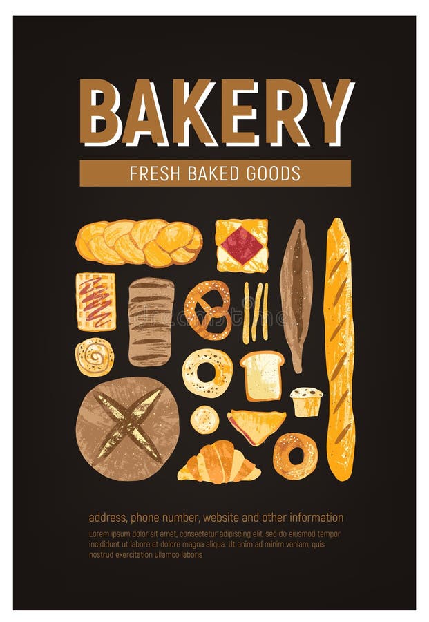 Molde vertical do inseto ou do cartaz com pão fresco, pastelaria, produtos de forno de vários tipos e lugar para o texto no preto ilustração do vetor Molde vertical do inseto ou do cartaz com pão fresco, pastelaria, produtos de forno de vários tipos e lugar para o texto no preto ilustração do vetor