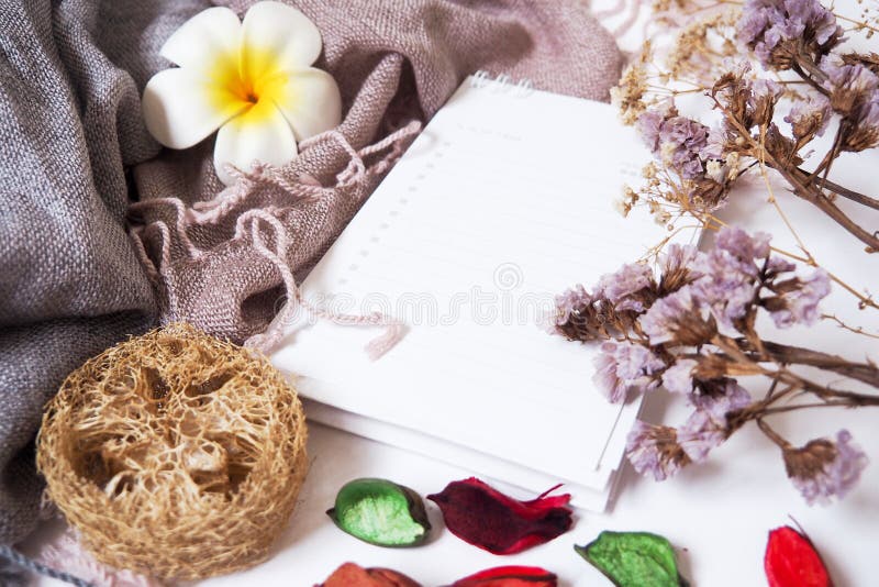 Moldes do fundo com espaço vazio do texto em cadernos na tela e nas flores secadas decorativas foto de stock Moldes do fundo com espaço vazio do texto em cadernos na tela e nas flores secadas decorativas foto de stock