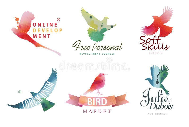 Watercolor logo templates. Colorful birds silhouettes in watercolor technique. Vector illustration. Watercolor logo templates. Colorful birds silhouettes in watercolor technique. Vector illustration.