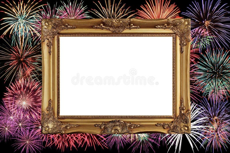A moldura para retrato dourada com comemora o fundo do fogo de artifício fotografia de stock A moldura para retrato dourada com comemora o fundo do fogo de artifício fotografia de stock