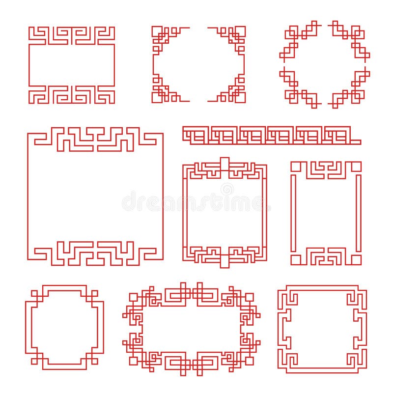 Chinese frames. Asian new year decorative traditional borders, oriental red line retro pattern for image frame in japanese vector set. Illustration chinese decoration border, decorative traditional. Chinese frames. Asian new year decorative traditional borders, oriental red line retro pattern for image frame in japanese vector set. Illustration chinese decoration border, decorative traditional