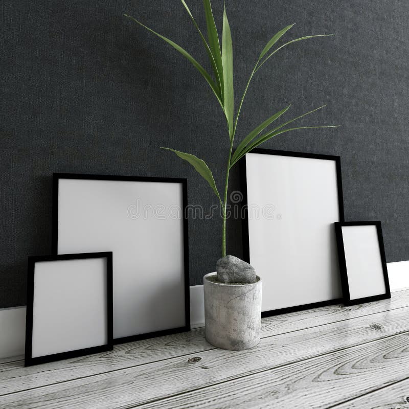 Molduras para retrato e planta em pasta dentro da casa moderna imagens de stock Molduras para retrato e planta em pasta dentro da casa moderna imagens de stock