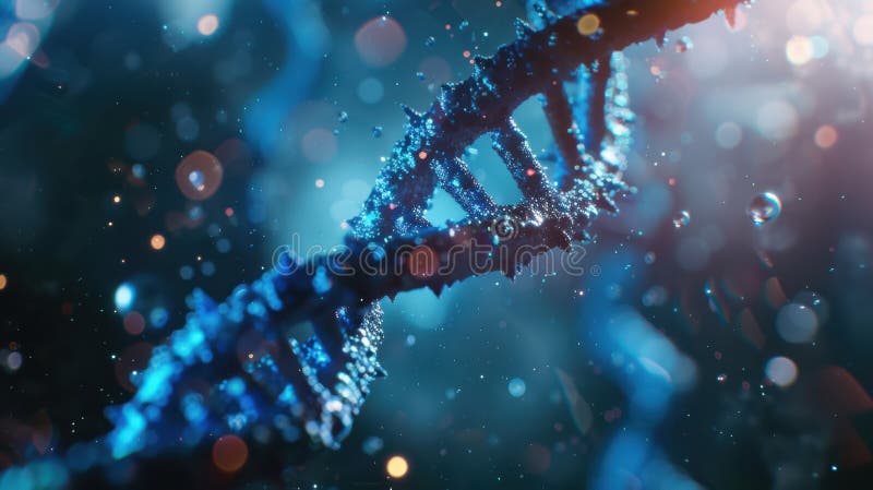 Close-up of a glowing DNA strand with bokeh effects in the background. image. Gene sequence stock images, royalty-free photos and pictures