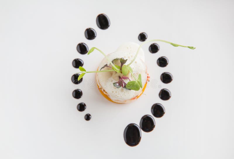Haute high end cuisine gourmet appetizer shrimp, pear, pumpkin w