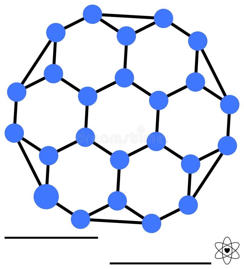Molecular Structure of a Fullerene Molecule with Connected Atoms in a Geometric Pattern stock illustration