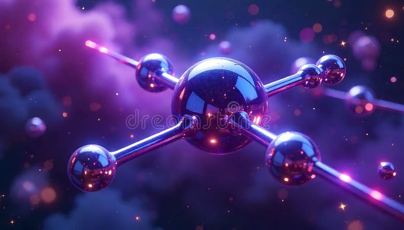 Abstract rendering of a molecular structure with purple and blue lighting effects and bokeh stock illustration
