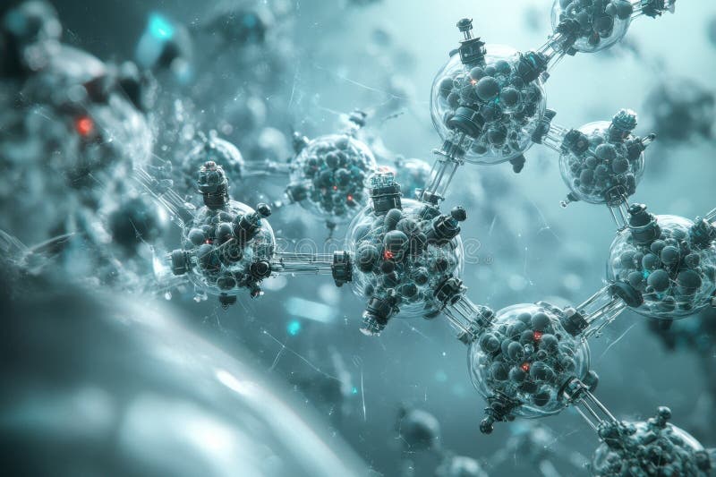 Molecular structures interacting in a futuristic, high-tech environment vector illustration