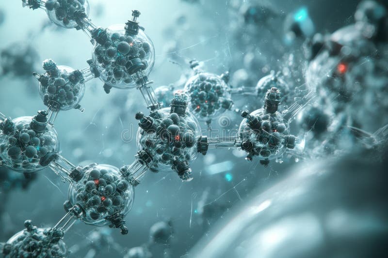 Molecular structures interacting in a futuristic, high-tech environment royalty free illustration