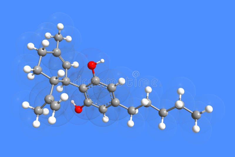 The molecule of cannabidiol isolated on the blue background. Oxygen molecule blue illustrations