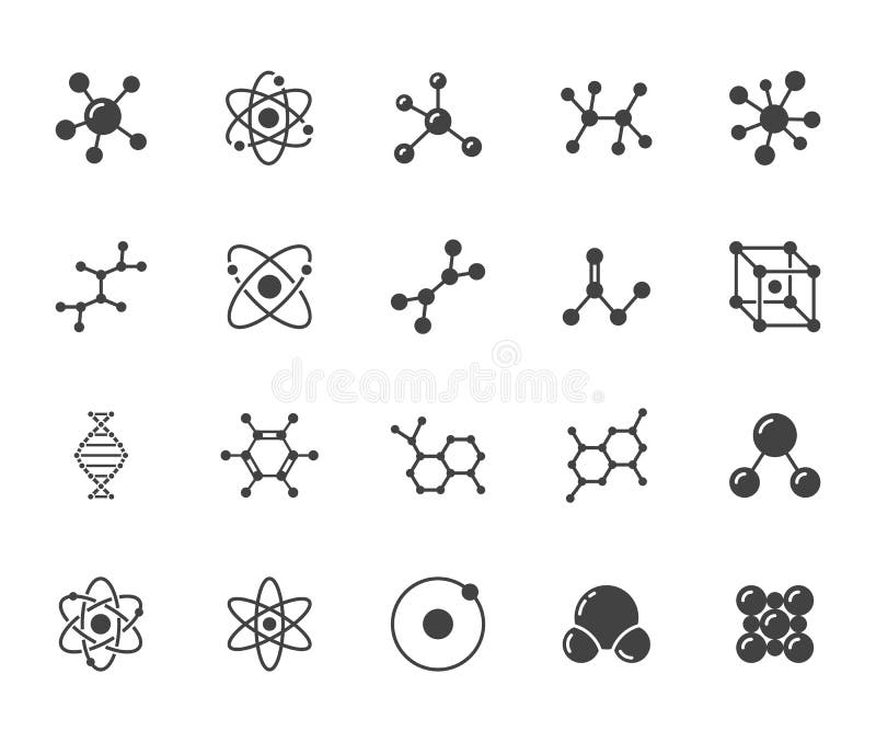 Molecule platte glyph-ictogrammen Chemische wetenschap, moleculaire structuur, dna-cel-eiwitvector van een chemisch laboratorium