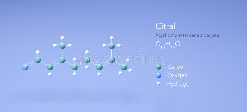 Molekulare Strukturen acyclisch monoterpene aldehyd 3d Modell strukturelle chemische Formel und Atome mit Farbe lizenzfreie abbildung