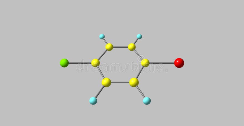 1-Bromo-4-chlorobenzene molecule, halogen atoms and benzene. 3d illustration. 1-Bromo-4-chlorobenzene molecule, halogen atoms and benzene. 3d illustration