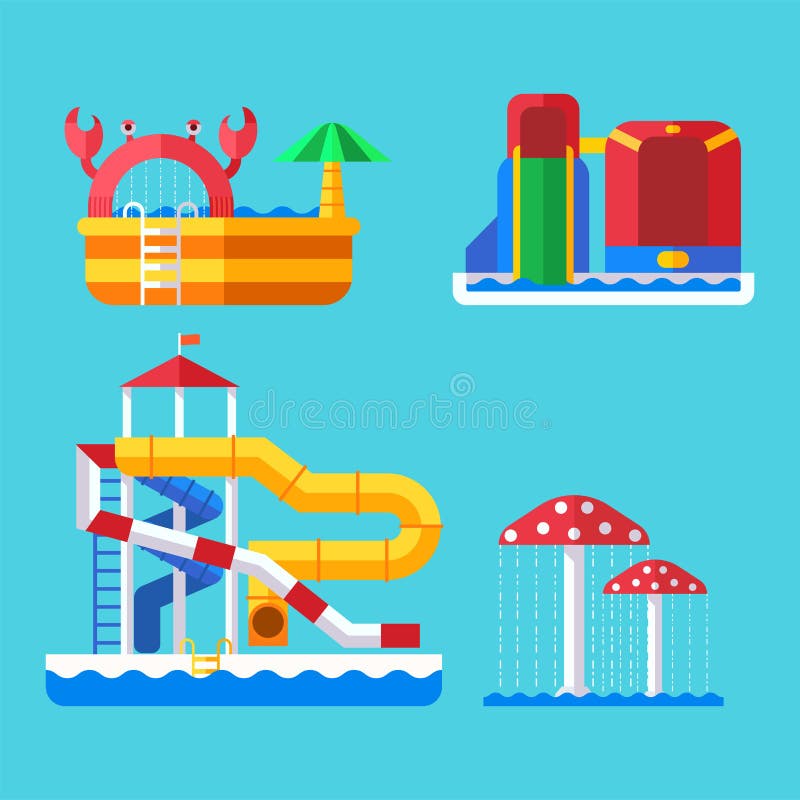Molhe o campo de jogos do aquapark com corrediças e espirre almofadas ilustração royalty free Molhe o campo de jogos do aquapark com corrediças e espirre almofadas ilustração royalty free