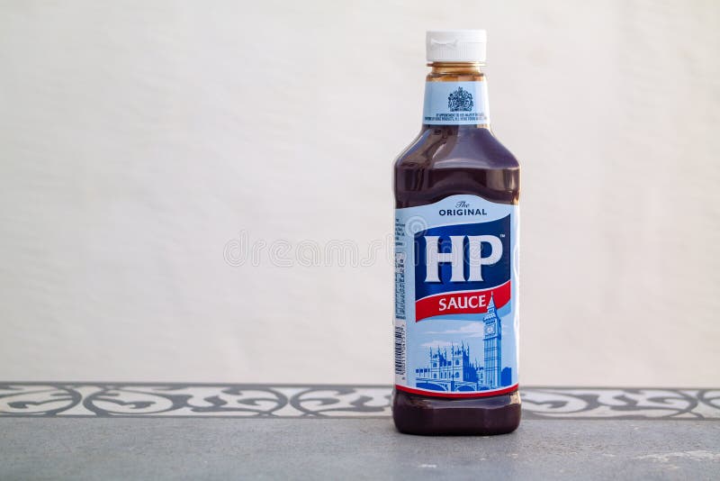 Torrevieja, Alicante, Spain - March 25 2019 : HP Spicy Brown Sauce on table with copy space. Torrevieja, Alicante, Spain - March 25 2019 : HP Spicy Brown Sauce on table with copy space