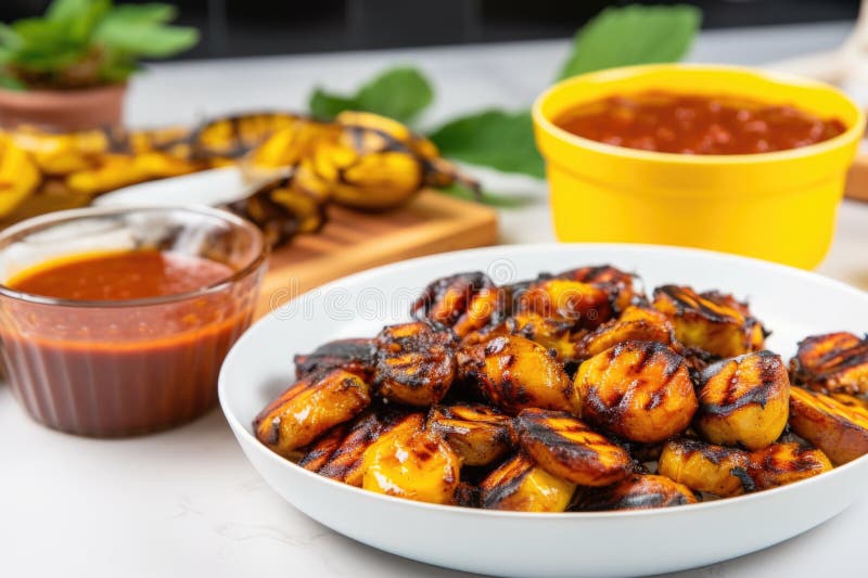 Molho de manga bbq numa tigela com plátanos grelhados ao lado imagem de stock