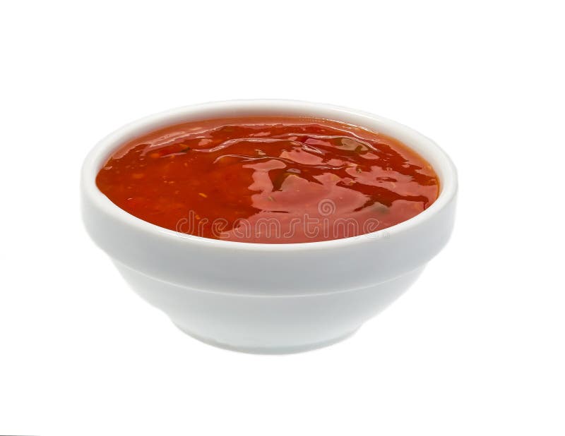 Sweet chili sauce in bowl isolated on white background. Portion of red hot chilli pepper sauce. Sweet chili sauce in bowl isolated on white background. Portion of red hot chilli pepper sauce