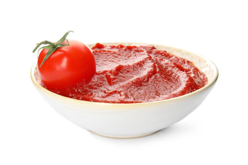 Tasty homemade tomato sauce and fresh vegetable in bowl on white background. Tasty homemade tomato sauce and fresh vegetable in bowl on white background