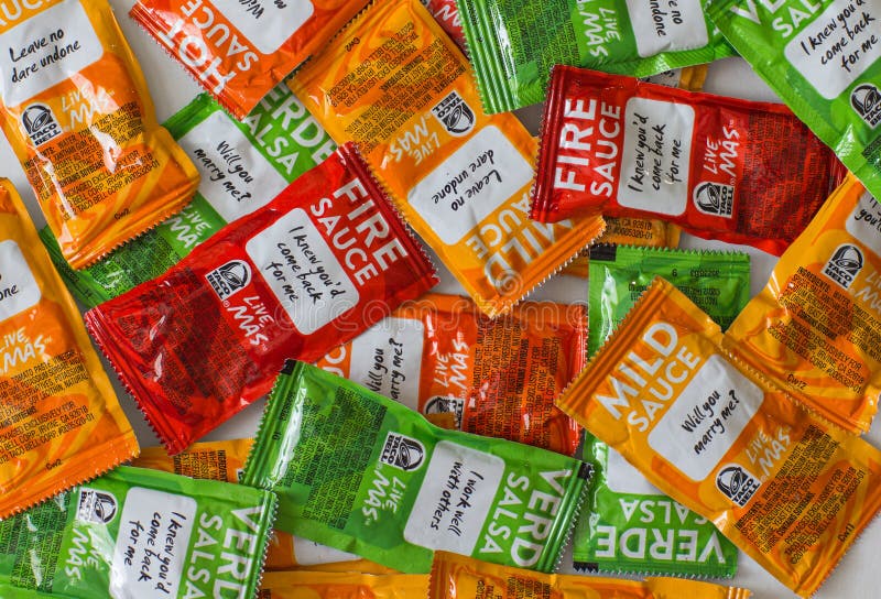 Various Taco Bell Mexican Restaurant sauces. Various Taco Bell Mexican Restaurant sauces.