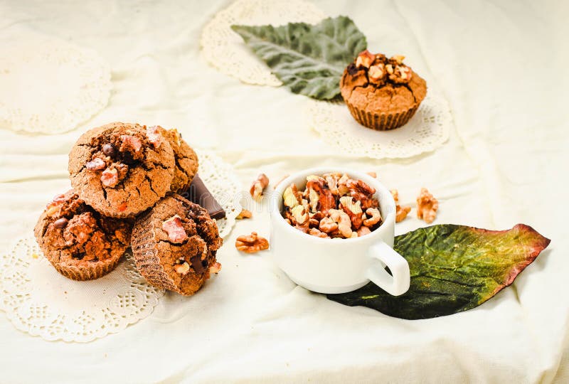 Molletes de los brownie del chocolate con las nueces, hornada del otoño del vegano foto de archivo libre de regalías Molletes de los brownie del chocolate con las nueces, hornada del otoño del vegano foto de archivo libre de regalías