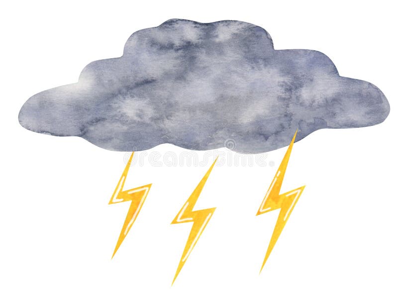 Grey watercolor cloud with lightning, hand drawn watercolor illustration isolated on white. Grey watercolor cloud with lightning, hand drawn watercolor illustration isolated on white.