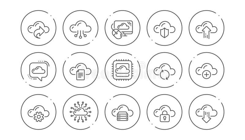Molndata och teknologisymboler Vara v?rd, ber?kningsdata och mapplagring Linj?r symbolsupps?ttning vektor stock illustrationer Molndata och teknologisymboler Vara v?rd, ber?kningsdata och mapplagring Linj?r symbolsupps?ttning vektor stock illustrationer