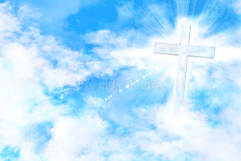 Blue sky with clouds and cross with glare and doves flying. Horizontal composition. Blue sky with clouds and cross with glare and doves flying. Horizontal composition