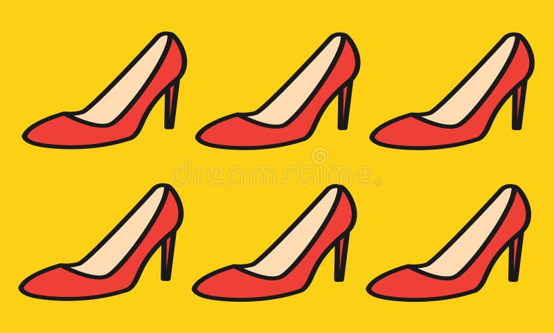 Molti pezzi di scarpe rosse ad alta altezza sullo sfondo giallo royalty illustrazione gratis