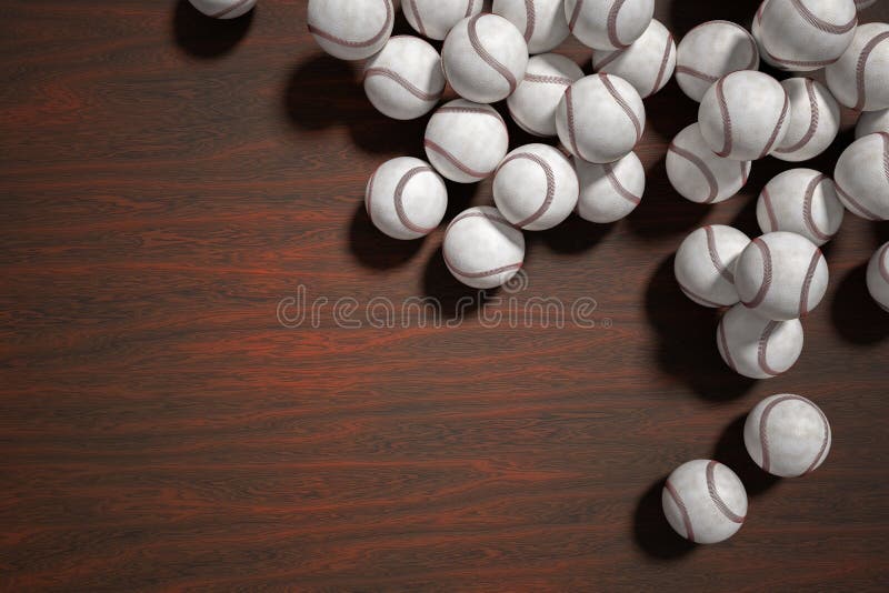 Molto palle di softball o di baseball su fondo di legno 3D ha reso l'illustrazione fotografia stock Molto palle di softball o di baseball su fondo di legno 3D ha reso l'illustrazione fotografia stock