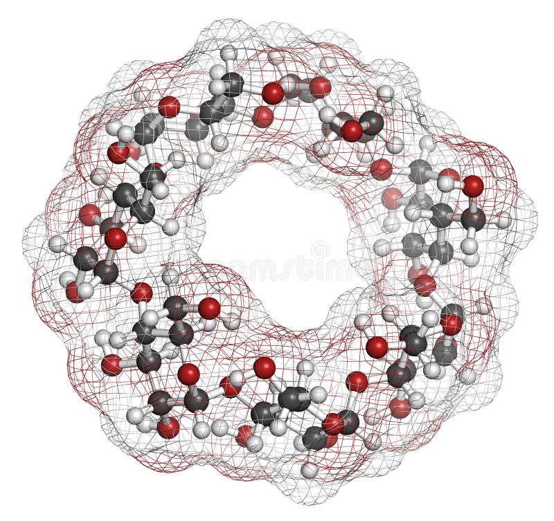 Beta-cyclodextrin molecule. Used in pharmaceuticals, food, deodorizing products, etc. Composed of glucose molecules. Atoms are represented as spheres with conventional color coding: hydrogen (white), carbon (grey), oxygen (red. Beta-cyclodextrin molecule. Used in pharmaceuticals, food, deodorizing products, etc. Composed of glucose molecules. Atoms are represented as spheres with conventional color coding: hydrogen (white), carbon (grey), oxygen (red