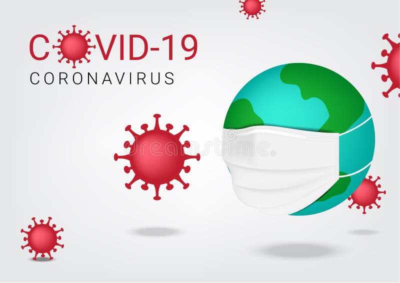 Molécula de vírus corona ou cvid19 com máscara cirúrgica global e terra gráfica em ilustração isolada do vetor branco de fundo.