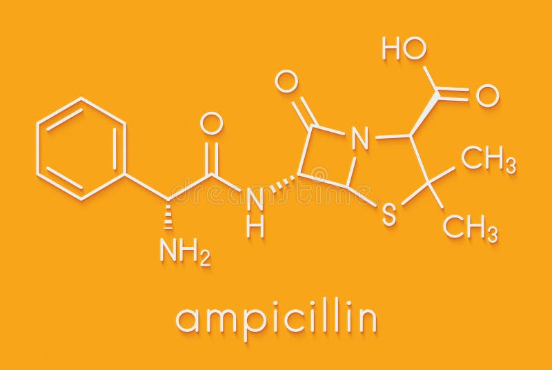 Ampicillin beta-lactam antibiotic drug molecule. Skeletal formula. Ampicillin beta-lactam antibiotic drug molecule. Skeletal formula
