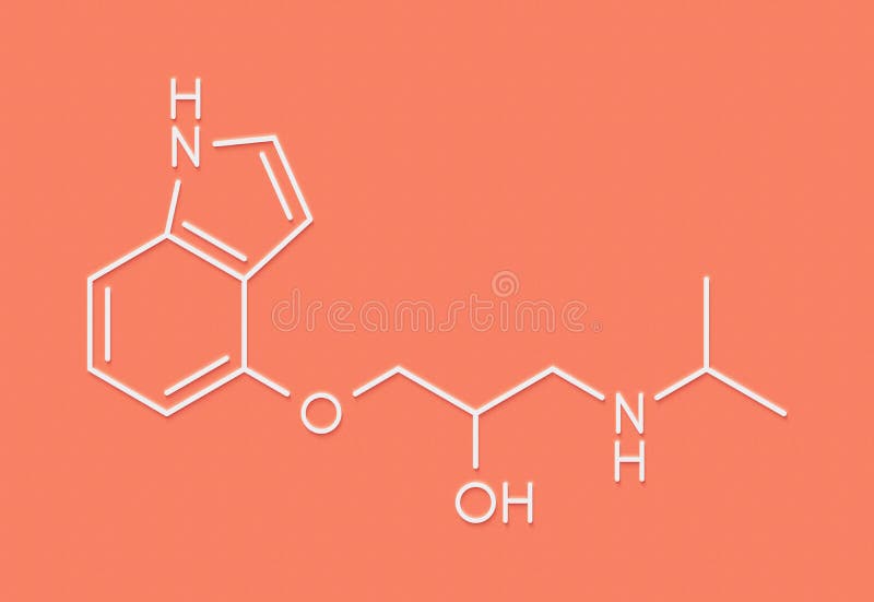 Pindolol beta blocker drug molecule. Skeletal formula. Pindolol beta blocker drug molecule. Skeletal formula
