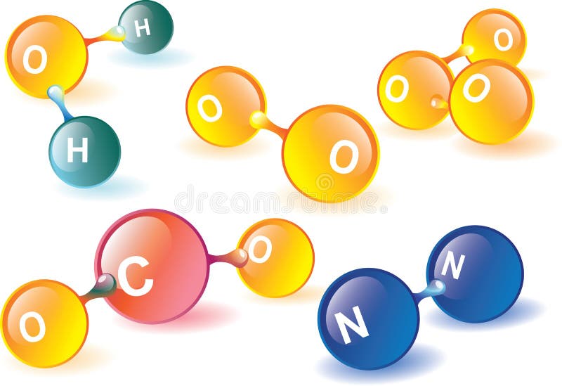 Illustration of molecules of the most common elements in the Earth atmosphere: oxygen, ozone, nitrogen, carbon dioxide. Illustration of molecules of the most common elements in the Earth atmosphere: oxygen, ozone, nitrogen, carbon dioxide