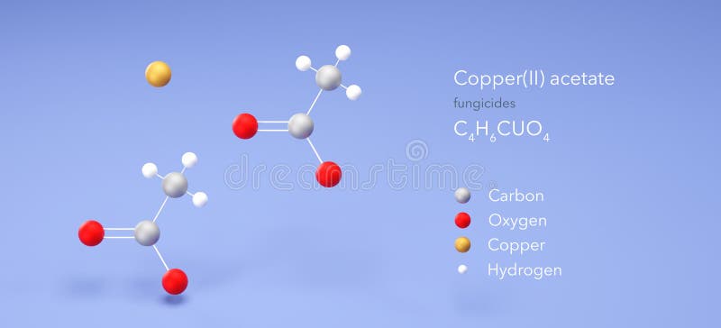 Moléculas moleculares de acetato de cobre ii acetato de cúprico 3d modelo de fórmula química estructural y átomos con color. Moléculas moleculares de acetato de cobre ii modelo de acetato de cúprico 3d fórmula química estructural y átomos con codificación de color.