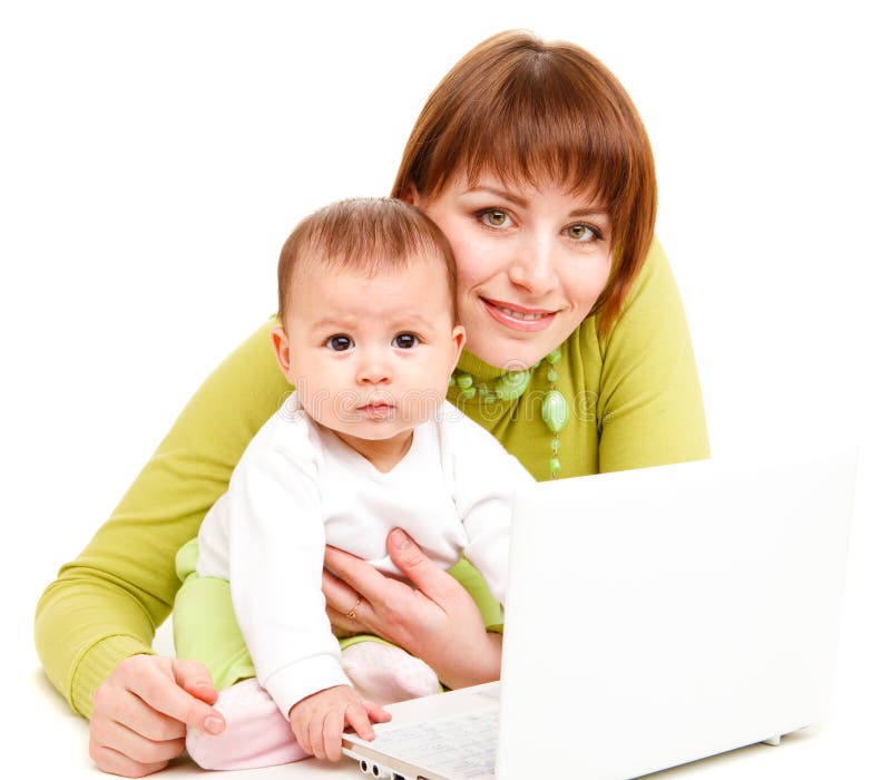 Mom and baby working at netbook, isolated