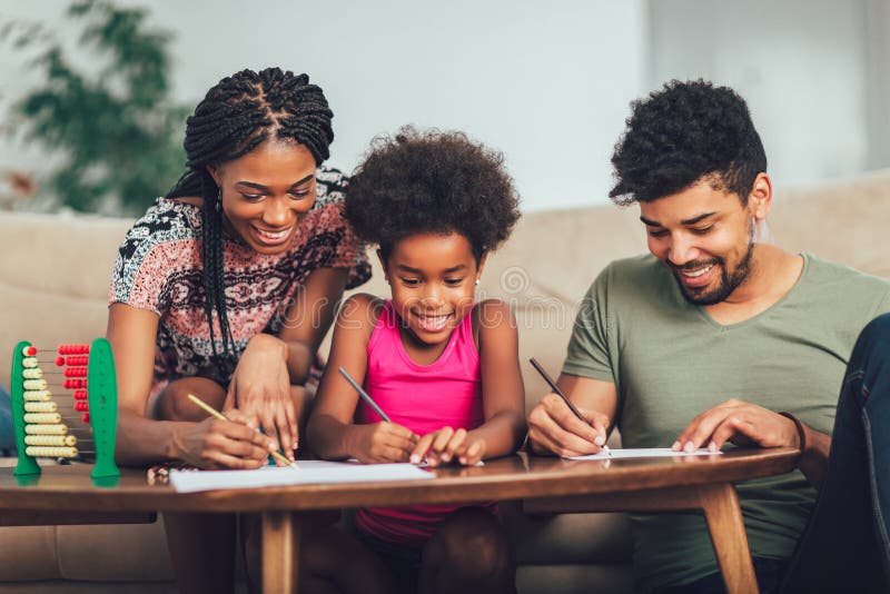 Mom and Dad Drawing with Their Daughter. Stock Photo - Image of hairstyle,  education: 162502580