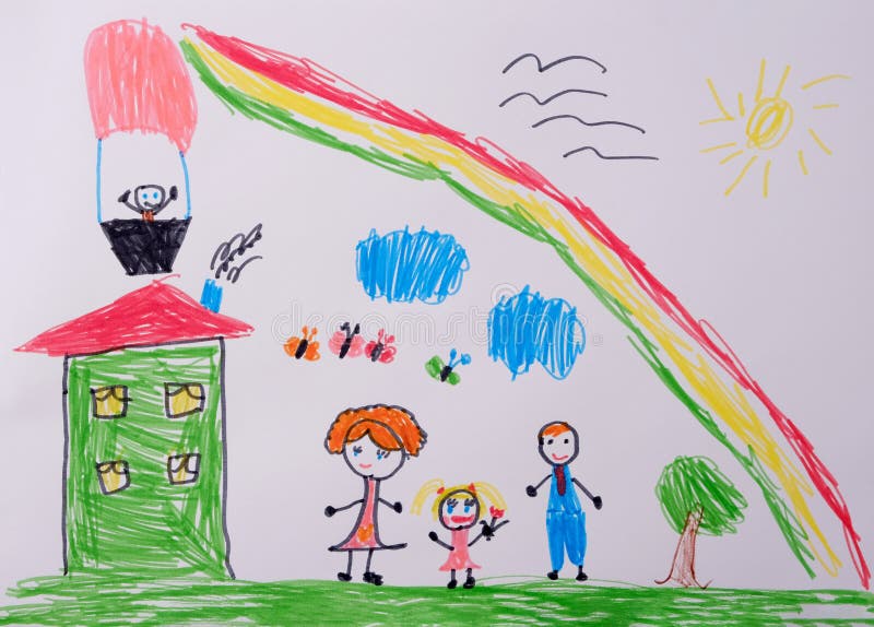 Mom dad and I have a fun family. Child`s Drawing of happy family under the rainbow. What a children`s picture can tell.
