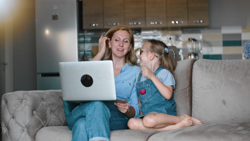 Mom and Daughter Have Distant Video Call with Father Family Rbbro. Mother and Little Girl Greet Stock Video - Video of interior, camera: 194687339