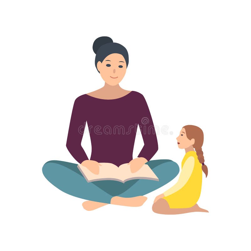 Mom and daughter sitting on floor and reading book together. Mother telling fairy tale her little girl. Adorable cartoon stock illustration Mom and daughter sitting on floor and reading book together. Mother telling fairy tale her little girl. Adorable cartoon stock illustration
